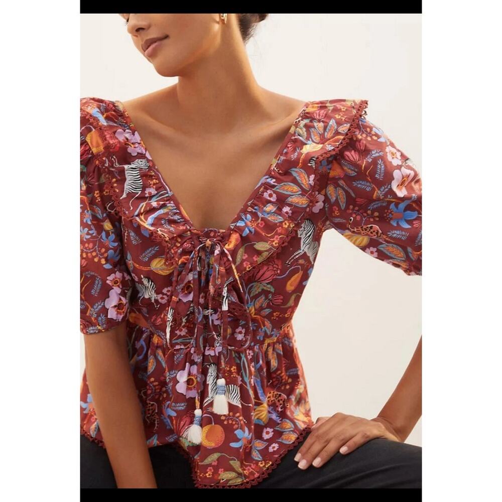 Anthropologie Maeve Zebra Print‎ Ruffle Tie Front Blouse Size: S